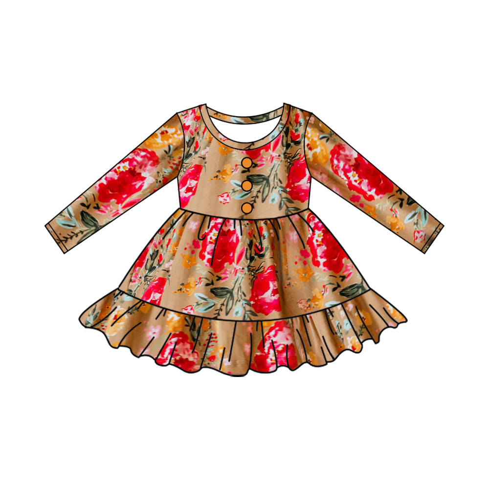 (Pre-order)GLD0859 Mustard Flowers Print Girls Knee Length Dress