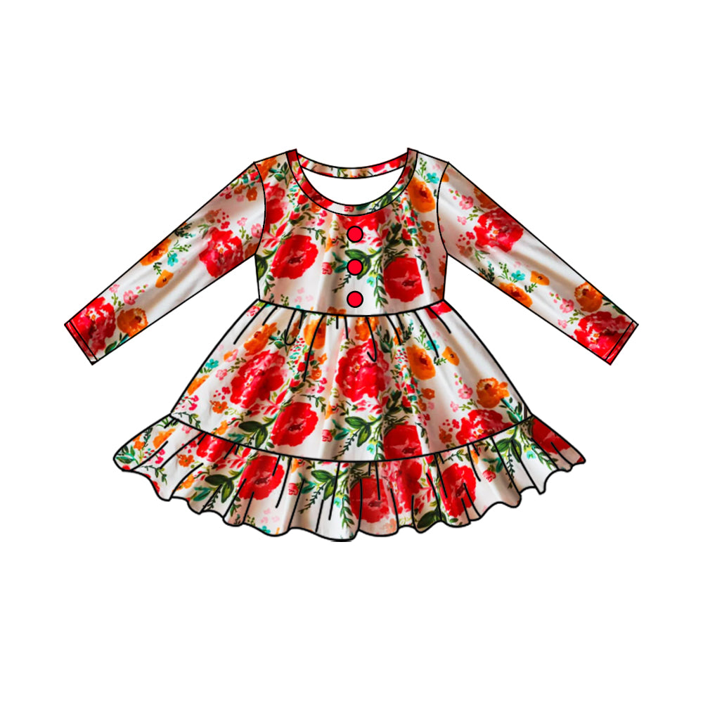 (Pre-order)GLD0860 Red Flowers Print Girls Knee Length Dress