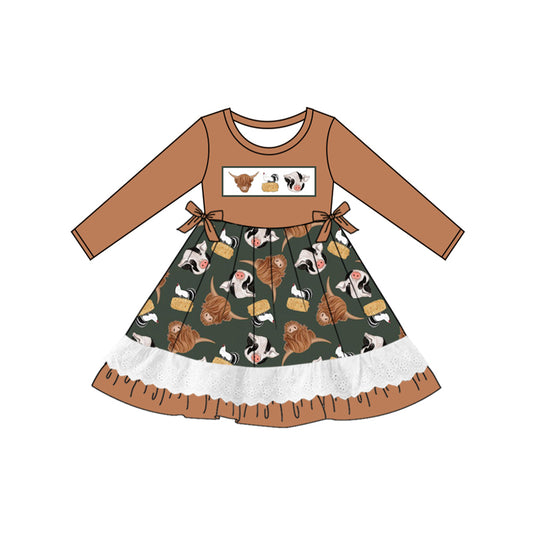 (Pre-order)GLD0862 Cow Chicken Pig Brown Print Girls Fall Knee Length Dress