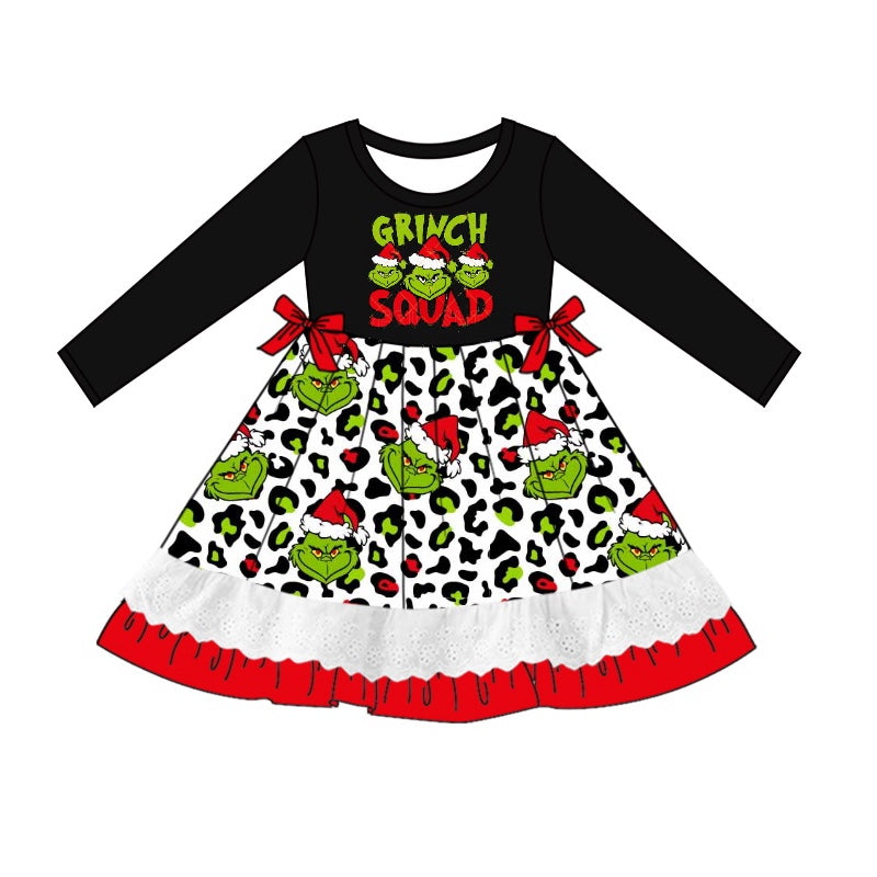 (Pre-order)GLD0864 Green Frog Leopard Print Girls Christmas Knee Length Dress