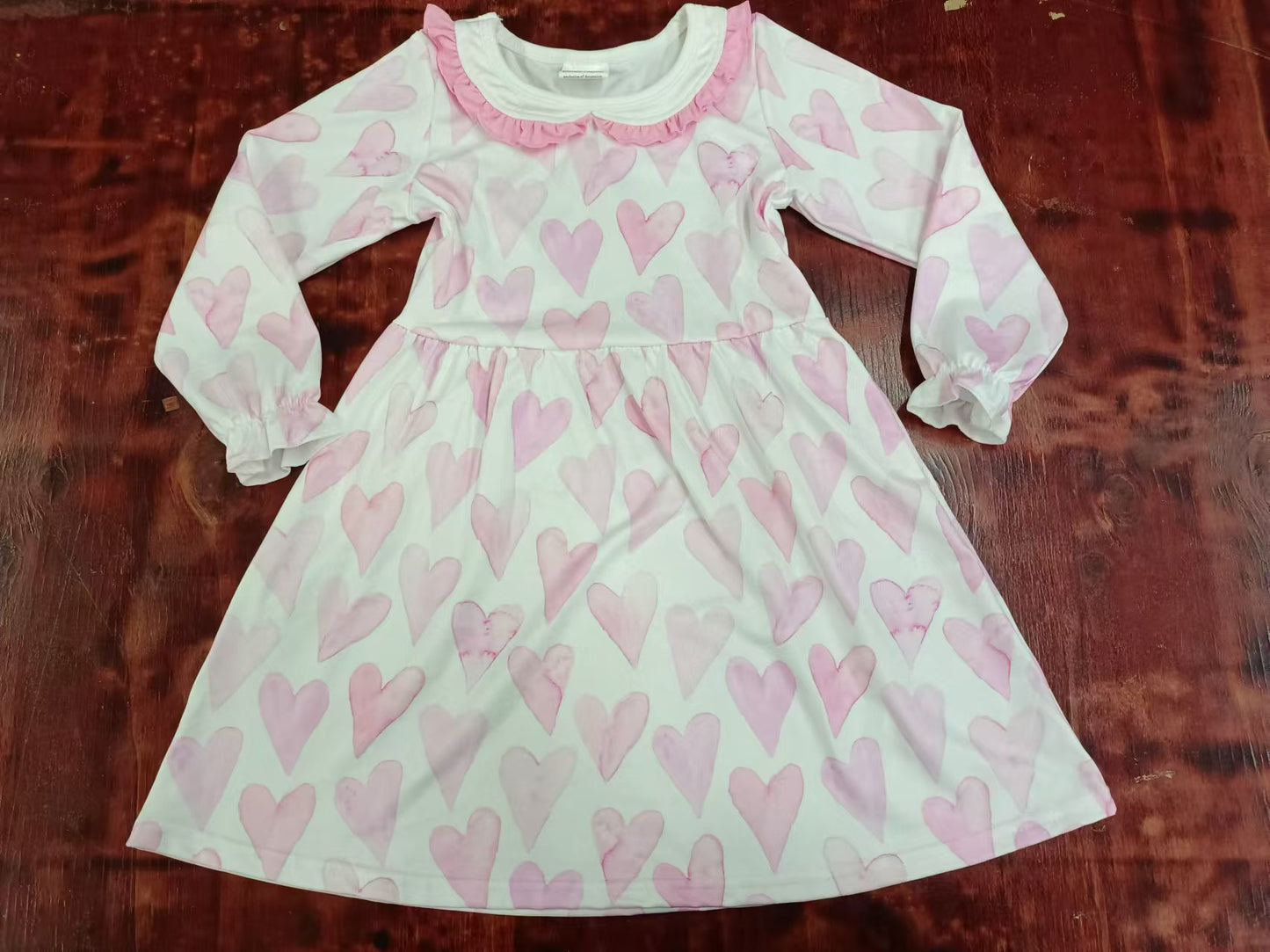 (Custom Design Preorder MOQ 3) Pink Heart Print Girls Knee Length Dress