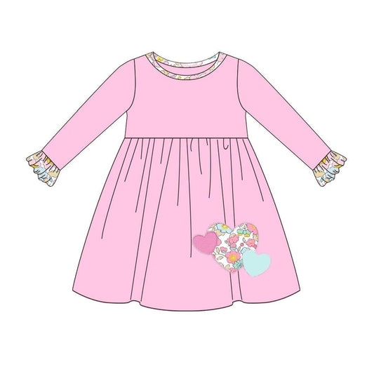 (Pre-order)GLD0867 Heart Pink Flowers Print Girls Knee Length Dress