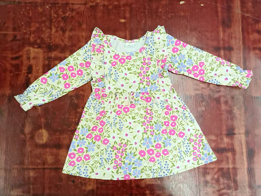 (Custom Design Preorder MOQ 3) Small Flowers Print Girls Knee Length Fall Dress