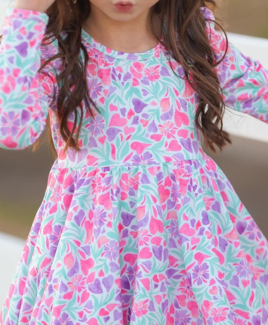 (Pre-order)GLD0870 Flowers Heart Print Girls Knee Length Dress