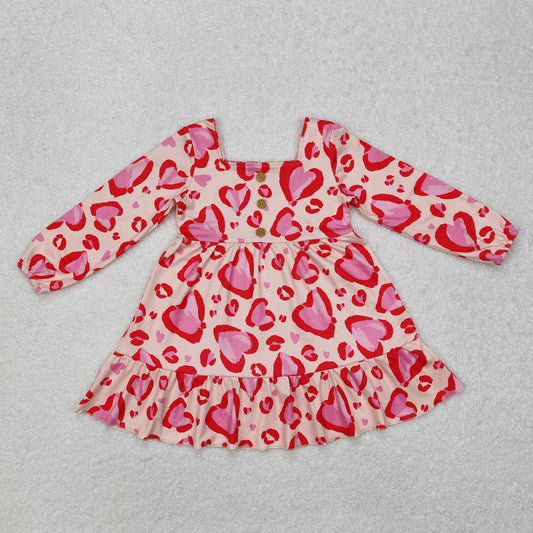 GLD0873 Heart Print Girls Long Sleeve Valentine's Day Knee Length Dress