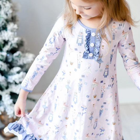 (Pre-order)GLD0874 Nutcracker Blue Print Girls Christmas Knee Length Dress