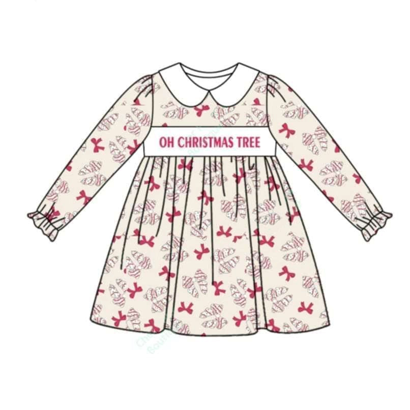 (Pre-order)GLD0875 Debbie Cake Bows Print Girls Christmas Knee Length Dress