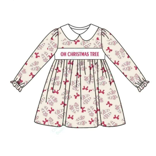 (Pre-order)GLD0875 Debbie Cake Bows Print Girls Christmas Knee Length Dress