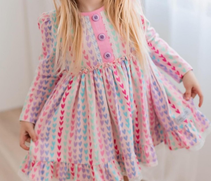 (Pre-order)GLD0877 Colorful Hearts Print Girls Knee Length Dress