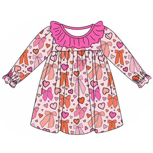 (Pre-order)GLD0879 Hotpink Bows Heart Print Girls Knee Length Dress