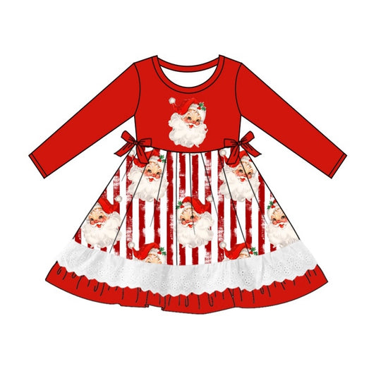 (Pre-order)GLD0881 Santa Red Print Girls Christmas Knee Length Dress