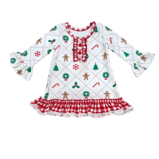 (Pre-order)GLD0882 Gingerbread Holly Candy Cane Print Girls Christmas Knee Length Dress