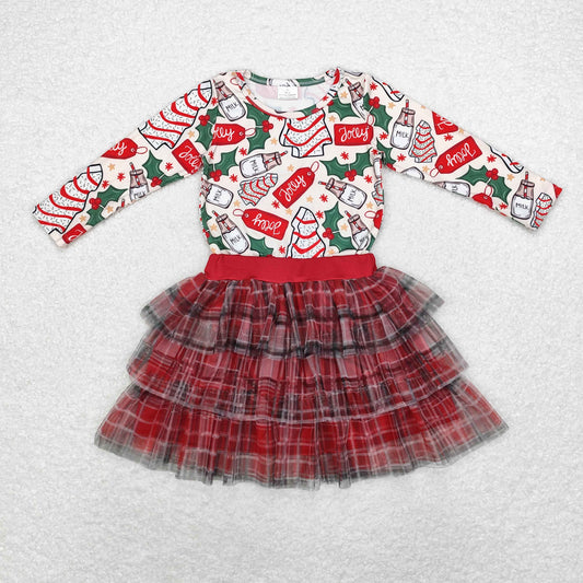 GLD0883 Debbie Cake Milk Top Tulle Plaid Skirts Girls Christmas Clothes Set