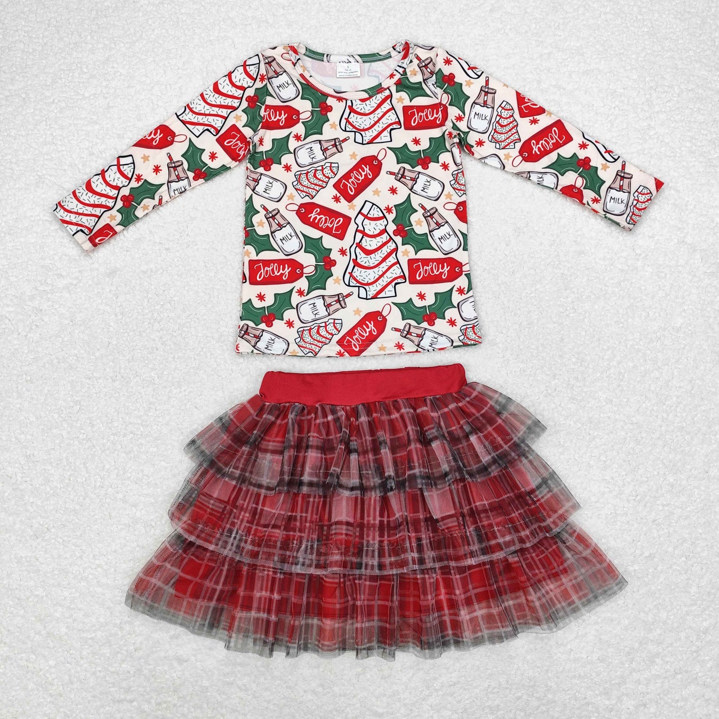 GLD0883 Debbie Cake Milk Top Tulle Plaid Skirts Girls Christmas Clothes Set