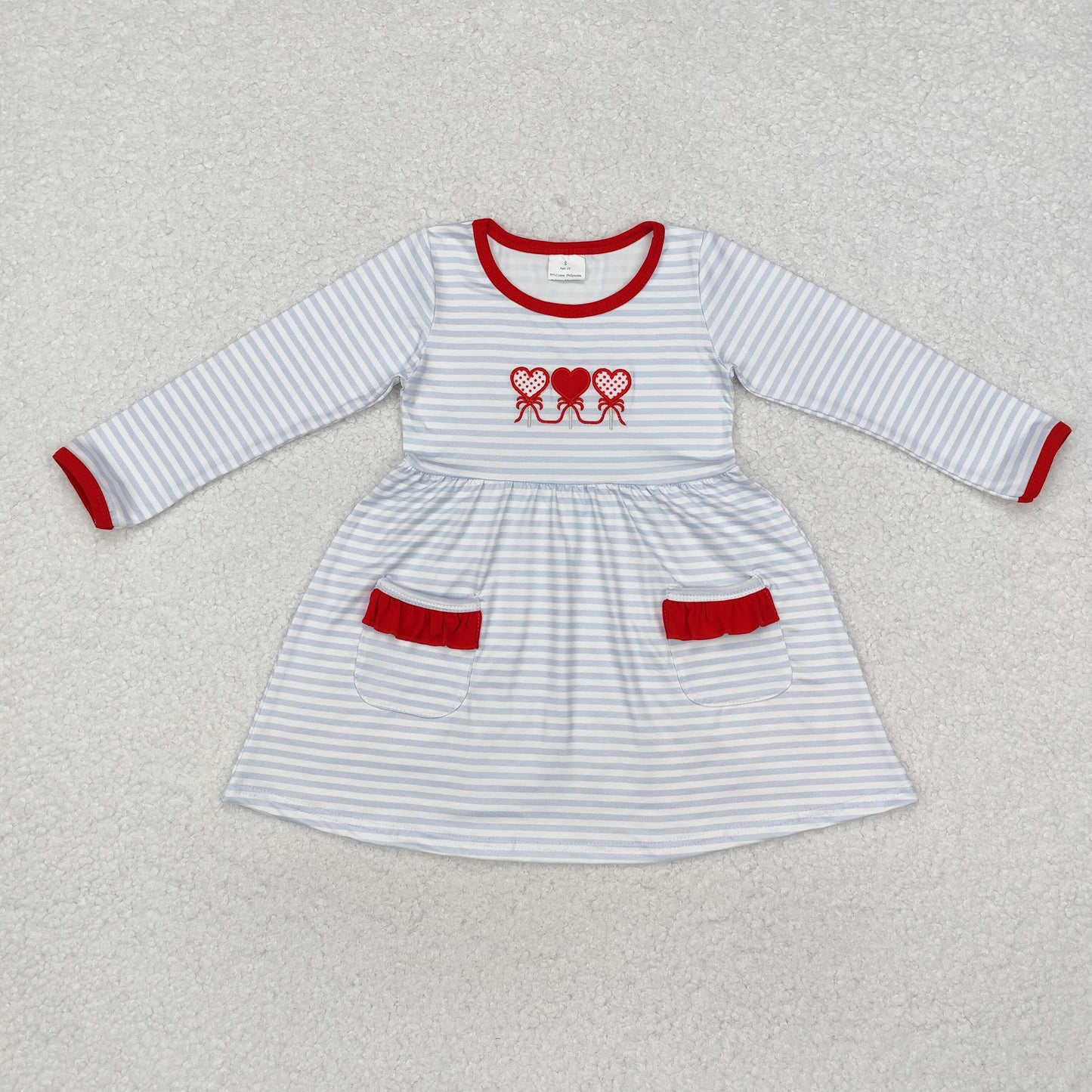 GLD0884 Heart Embroidery Stripes Print Girls Valentine's Day Knee Length Dress