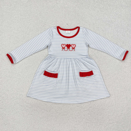 GLD0884 Heart Embroidery Stripes Print Girls Valentine's Day Knee Length Dress