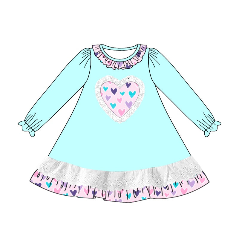 (Pre-order)GLD0886 Heart Blue Print Girls Valentine's Day Knee Length Dress