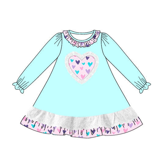 (Pre-order)GLD0886 Heart Blue Print Girls Valentine's Day Knee Length Dress