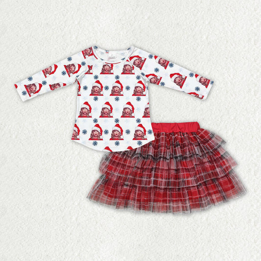 GLD0890 Singer Swiftie Top Tulle Plaid Skirts Girls Christmas Clothes Set