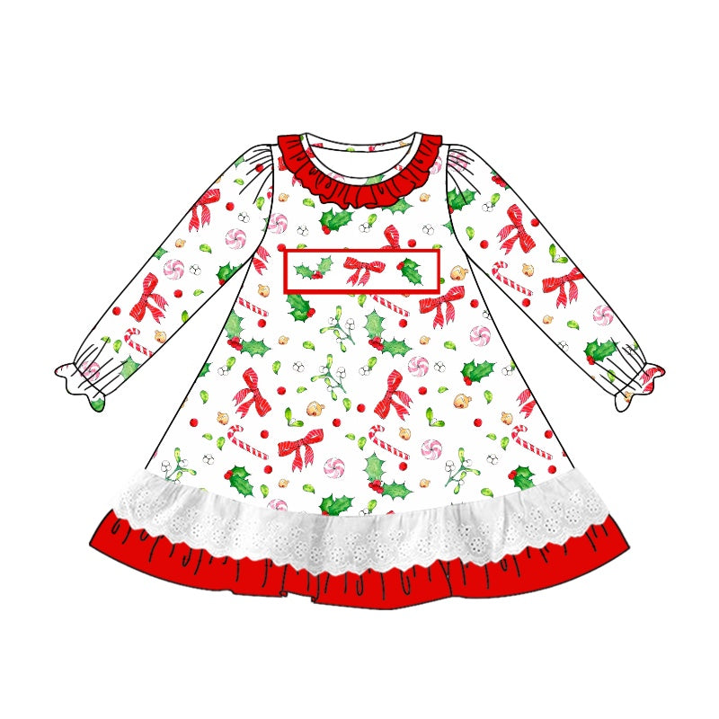 (Pre-order)GLD0893 Holly Bows Candy Cane Print Girls Christmas Knee Length Dress