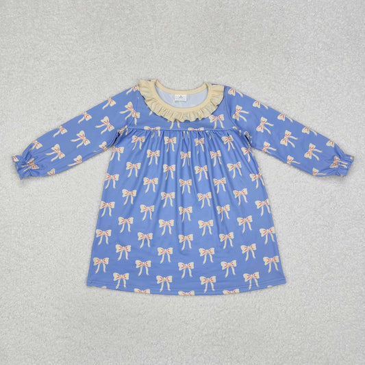 GLD0897 Bows Blue Print Girls Long Sleeve Knee Length Dress