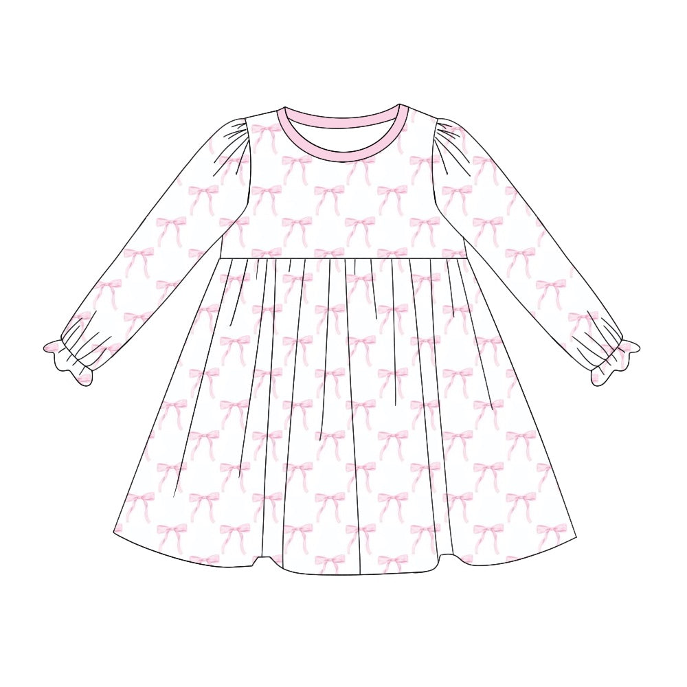 (Pre-order)GLD0898 Pink Bows Print Girls Fall Knee Length Dress