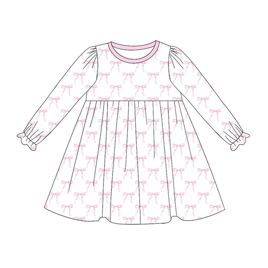 (Pre-order)GLD0898 Pink Bows Print Girls Fall Knee Length Dress