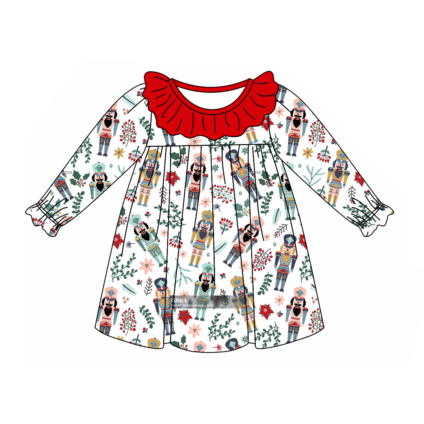 (Pre-order)GLD0900 Nutcracker Soldier Holly Flowers Print Girls Christmas Knee Length Dress