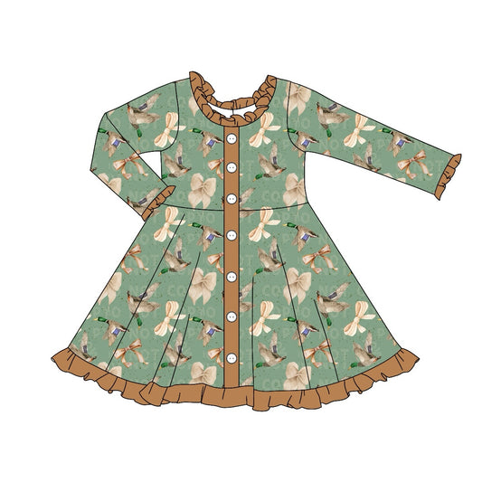 (Pre-order)GLD0901 Duck Bows Print Girls Fall Knee Length Dress