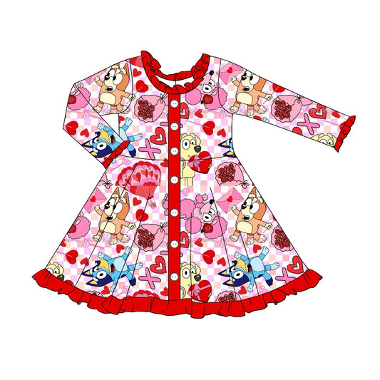 (Pre-order)GLD0903 Cartoon Dog Heart XOXO Print Girls Valentine's Day Knee Length Dress