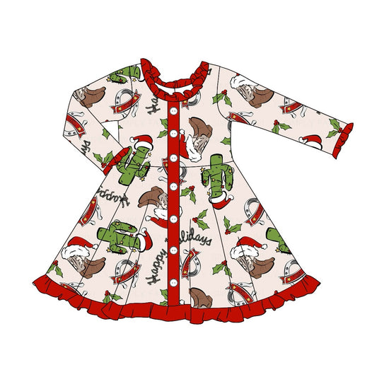 (Pre-order)GLD0904 Boots Cactus Holly Print Girls Christmas Knee Length Dress