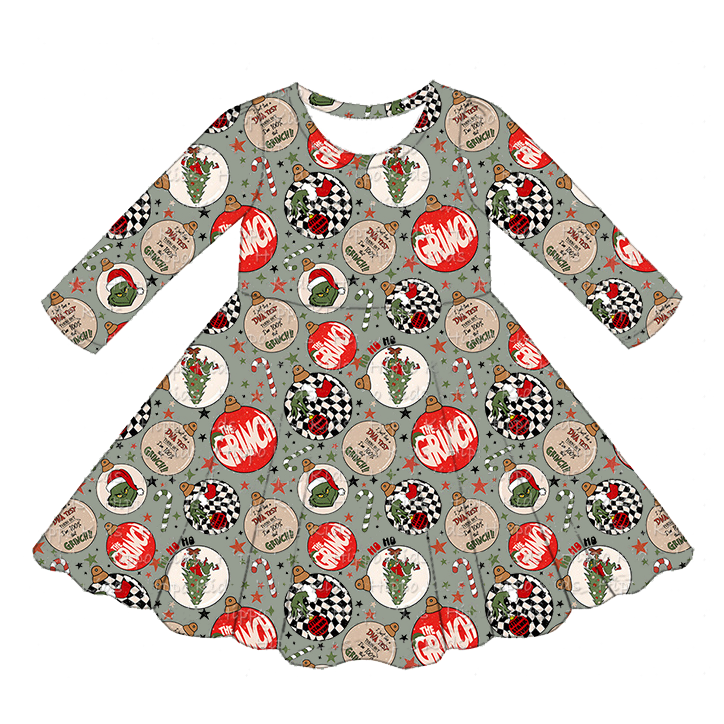 (Pre-order)GLD0905 Green Frog Holiday Lights Print Girls Christmas Knee Length Dress