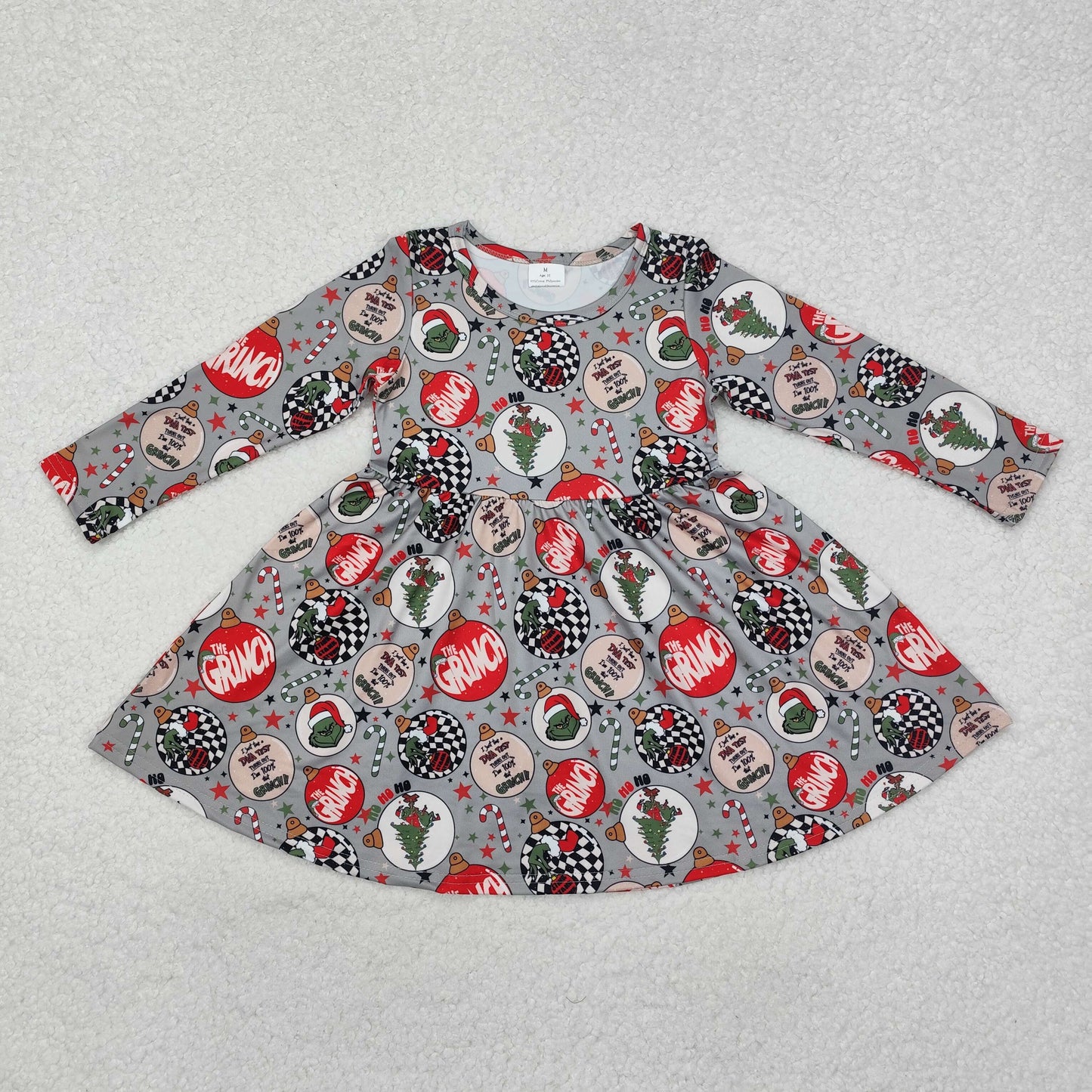 GLD0905 Green Frog Holiday Lights Print Girls Christmas Knee Length Dress