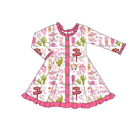 (Pre-order)GLD0907 Cowgirl Boots Hat Flowers Pink Print Girls Western Knee Length Dress