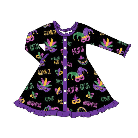 (Pre-order)GLD0908 Mask Purple Print Girls Mardi Gras Knee Length Dress