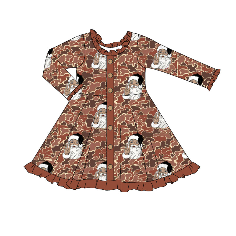 (Pre-order)GLD0910 Santa Brown Camo Print Girls Christmas Knee Length Dress