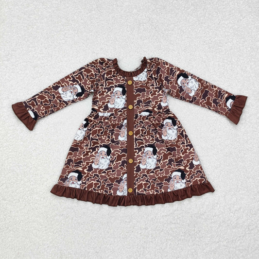 GLD0910 Santa Brown Camo Print Girls Christmas Knee Length Dress