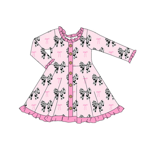 (Pre-order)GLD0912 Cowhide Pink Bows Print Girls Western Knee Length Dress