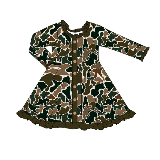 (Pre-order)GLD0913 Dark Brown Camo Print Girls Fall Knee Length Dress