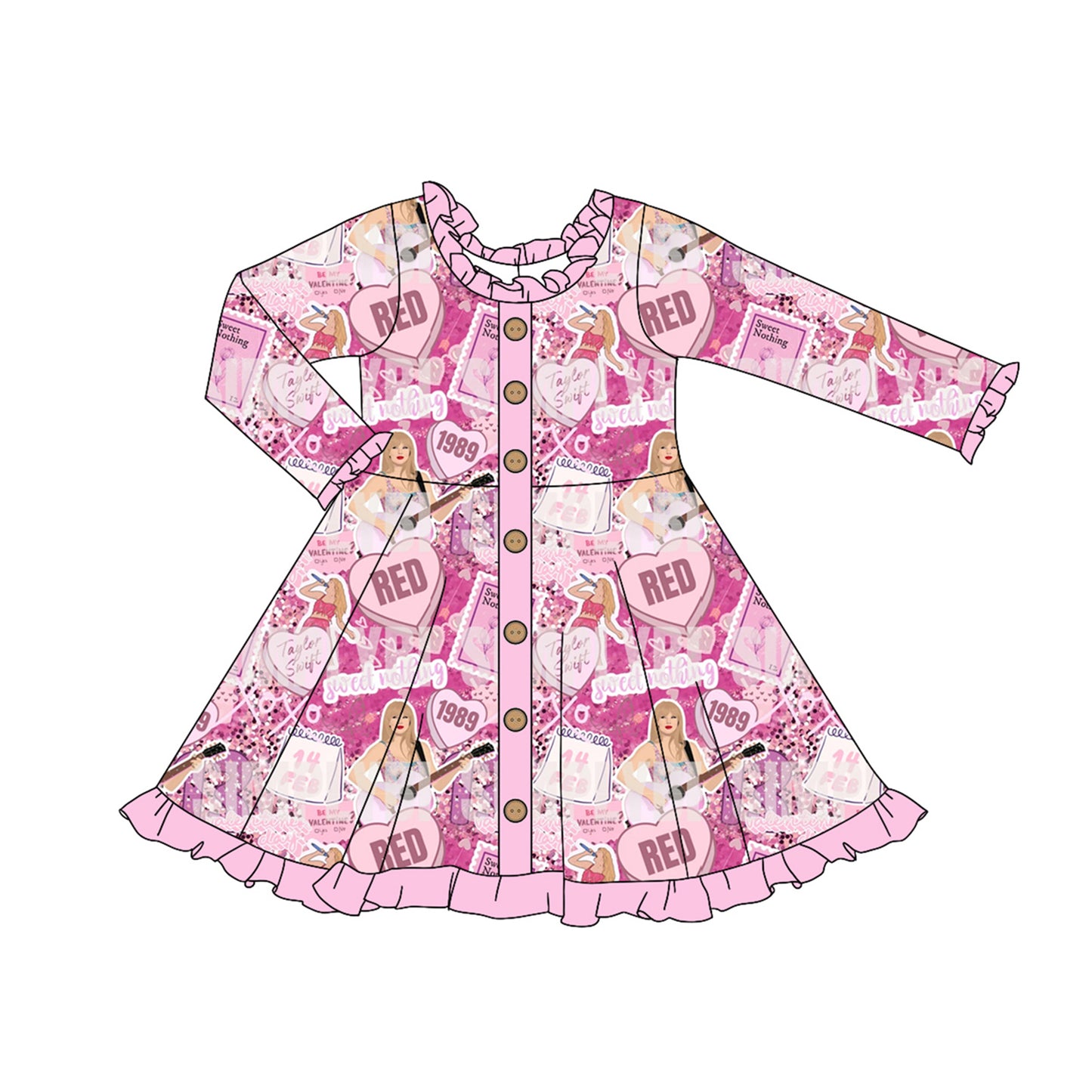 (Pre-order)GLD0916 Singer Swiftie Heart Pink Print Girls Knee Length Dress