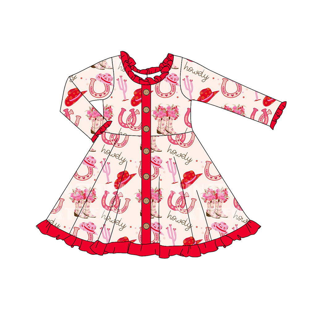 (Pre-order)GLD0918 Howdy Boots Hat Flowers Red Print Girls Western Knee Length Dress