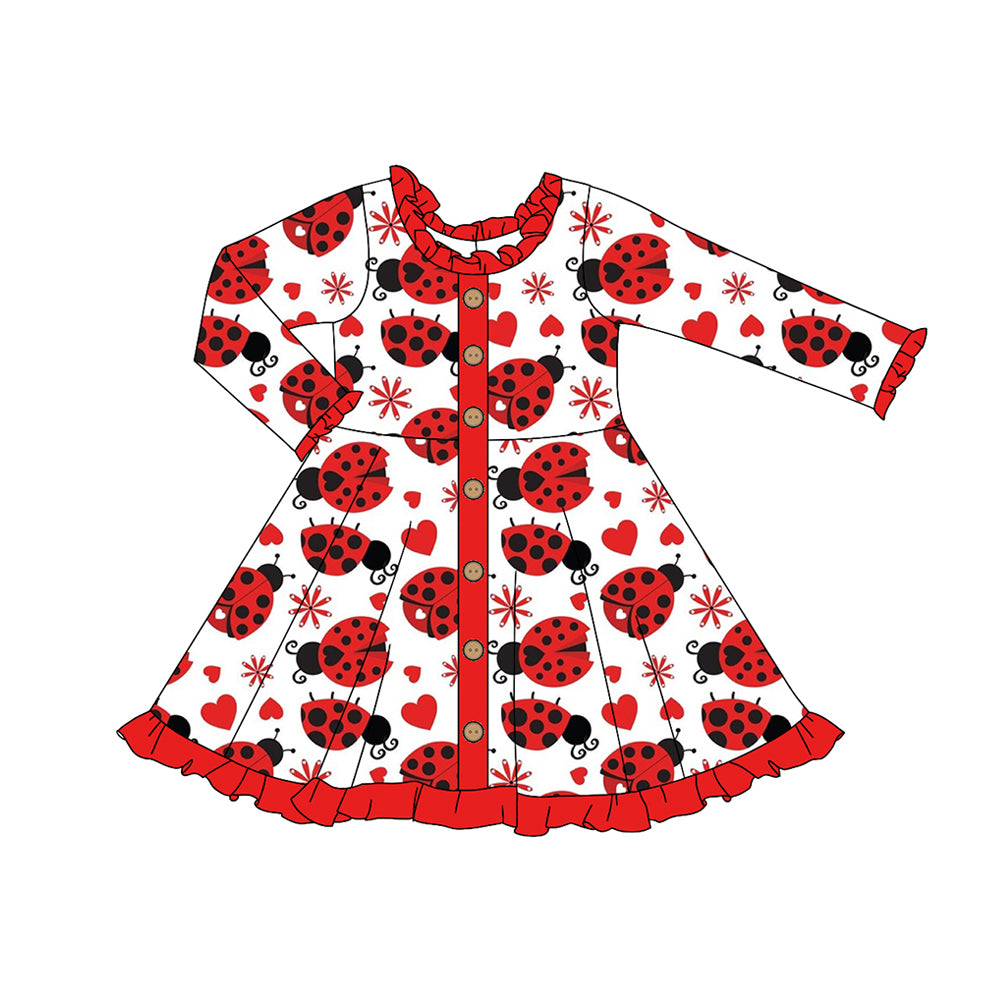 (Pre-order)GLD0919 Ladybird Flowers Heart Print Girls Valentine's Day Knee Length Dress