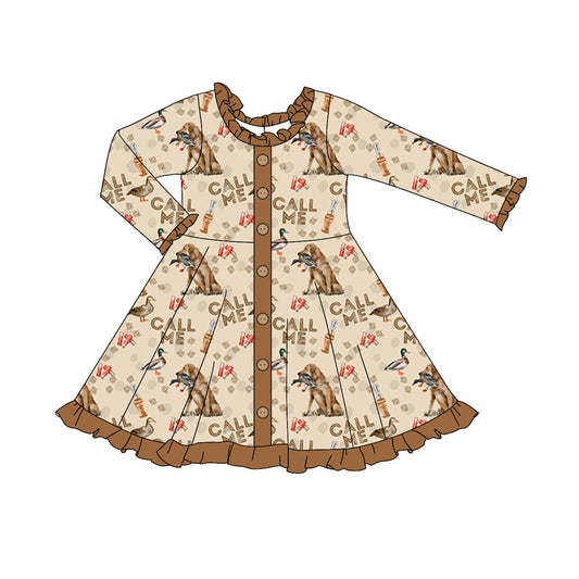 (Pre-order)GLD0921 CALL ME Dog Duck Brown Print Girls Fall Knee Length Dress