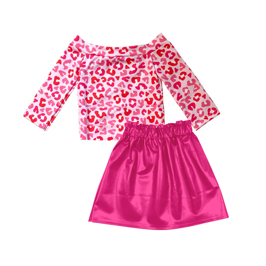 (Pre-order)GLD0925  Hotpink Leopard Top Leather Skirts Girls Clothes Set