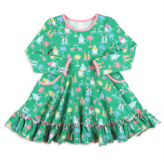 (Pre-order)GLD0926 Circus Green Print Girls Fall Knee Length Dress