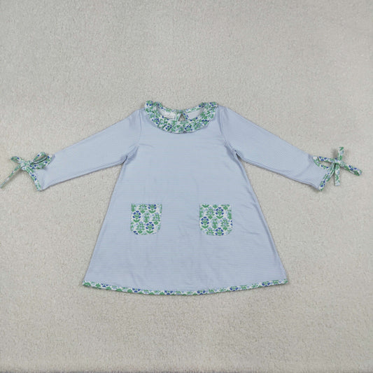 GLD0927 Green Flowers Blue Stripes Print Pockets Girls Fall Knee Length Dress
