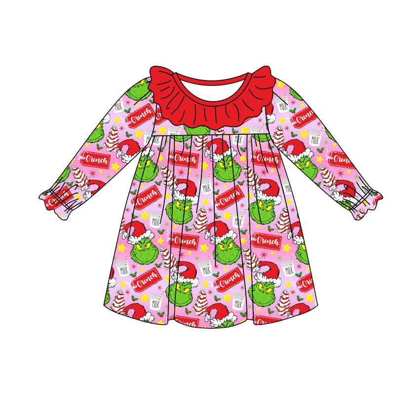 (Pre-order)GLD0931 Green Frog Holly Milk Print Girls Christmas Knee Length Dress