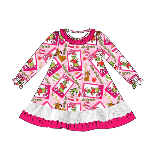 (Pre-order)GLD0932 Green Frog Pink Print Girls Christmas Knee Length Dress