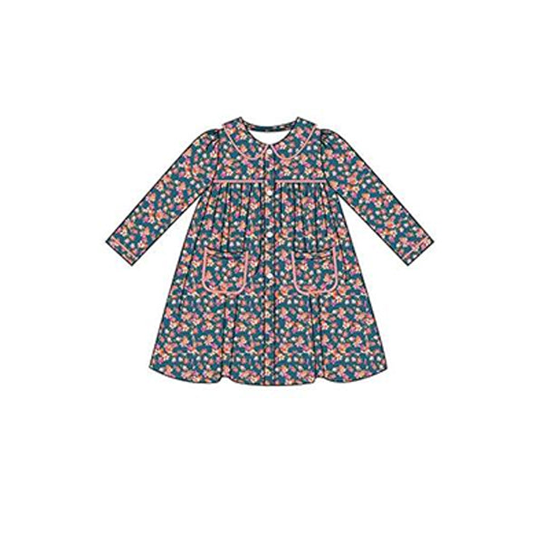 (Pre-order)GLD0934 Flowers Print Girls Fall Knee Length Dress