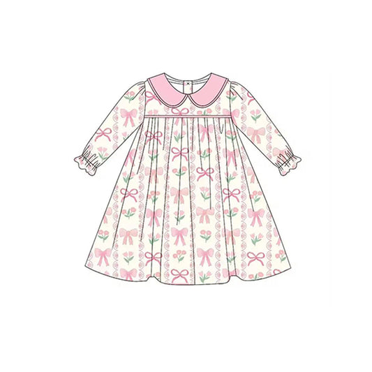 (Pre-order)GLD0935 Flowers Bows Pink Print Girls Knee Length Dress